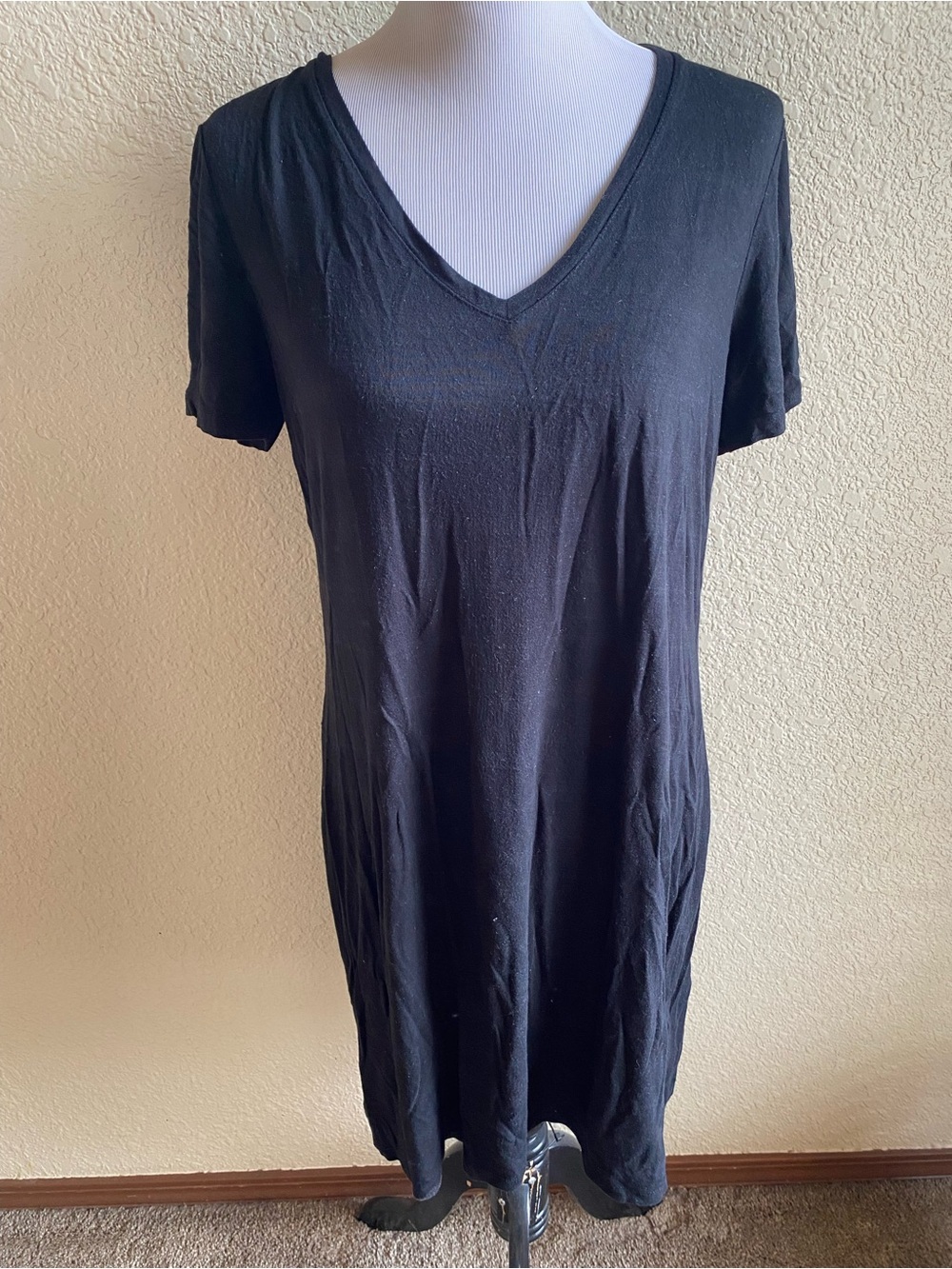 Daily Ritual Black Striped V Neck Dress Viscose Stretch Mini: Large